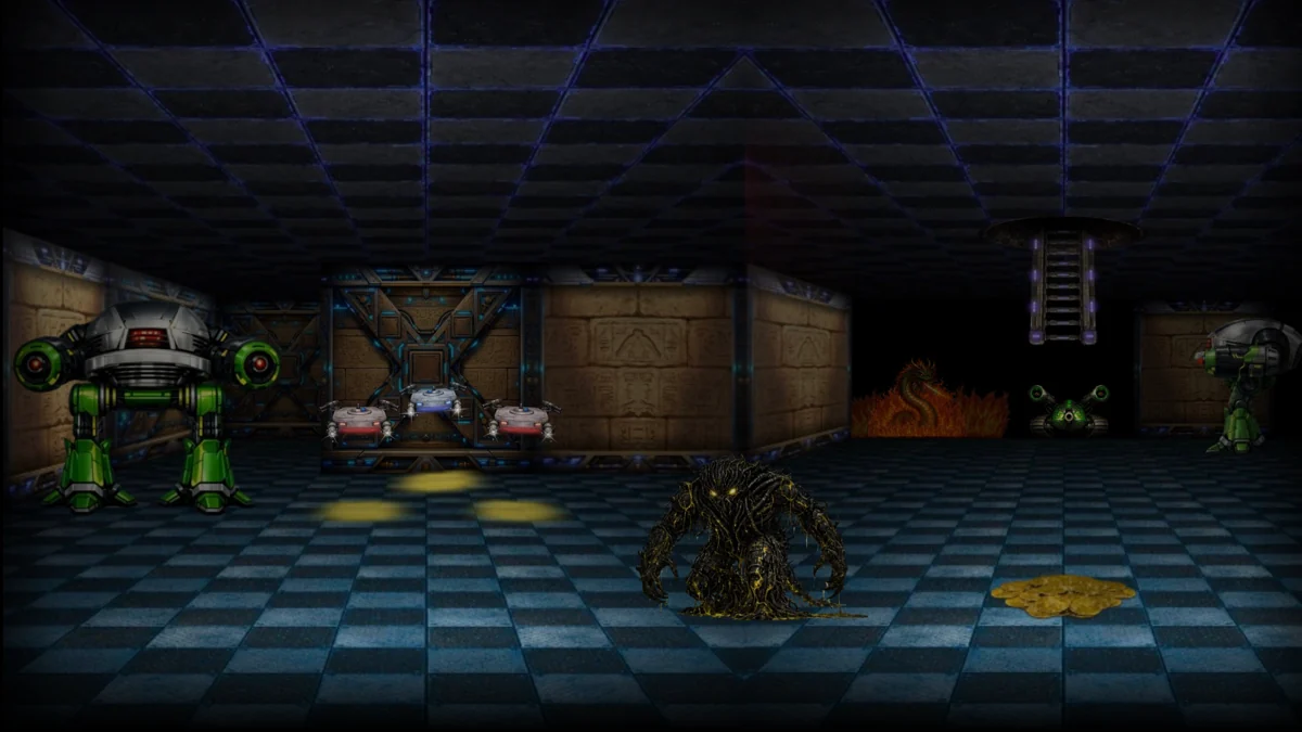 Captive 3000 main-floor panorama with droids and enemies