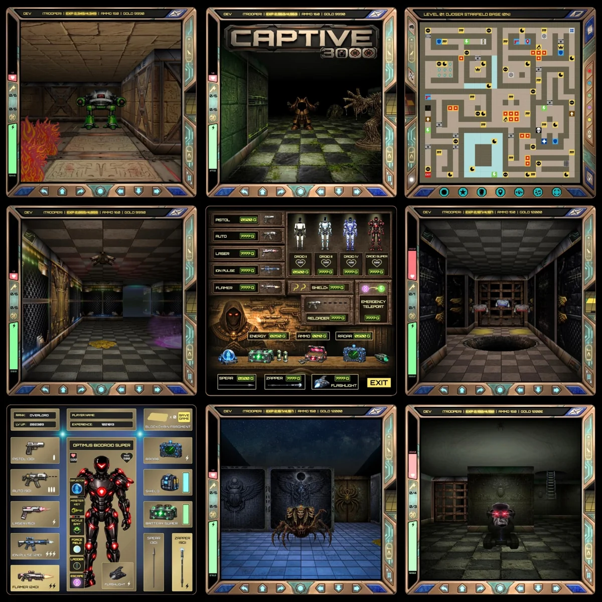 Nine-panel grid of Captive 3000 gameplay including combat, inventory, minimap, merchants, and enemies