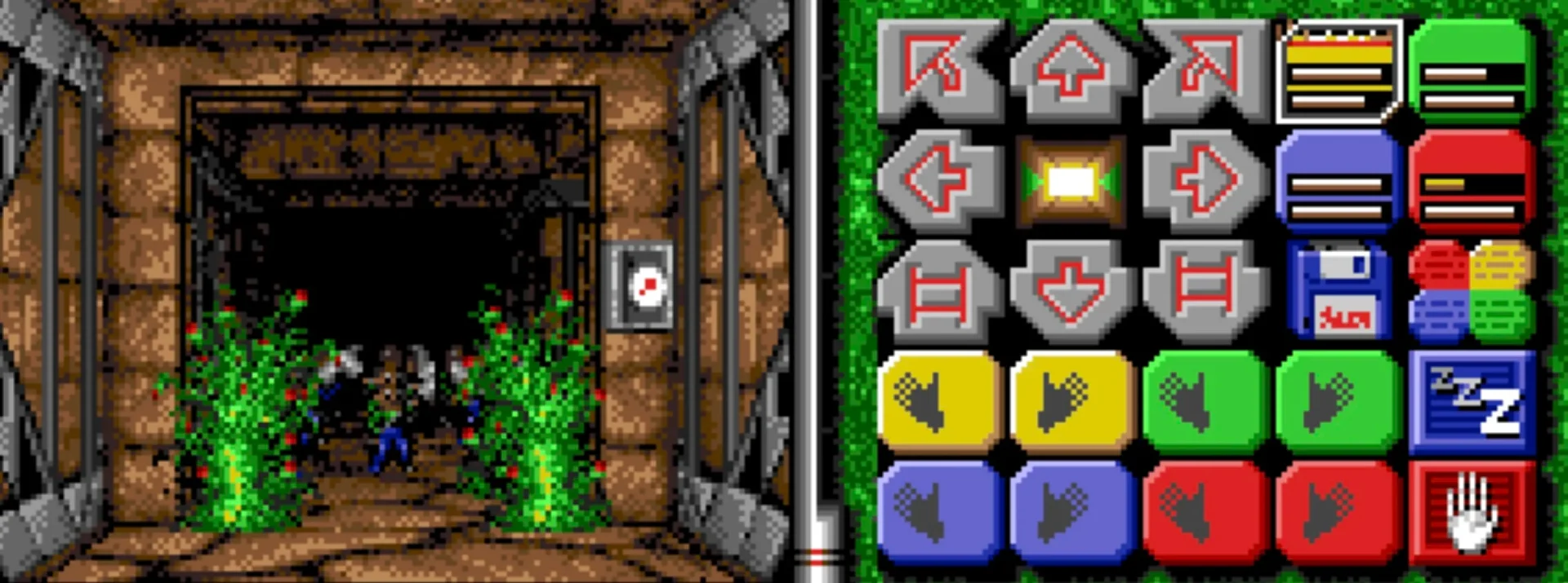 Screenshot of the original Captive (1990) interface: droid status panels, first-person dungeon view, and control buttons