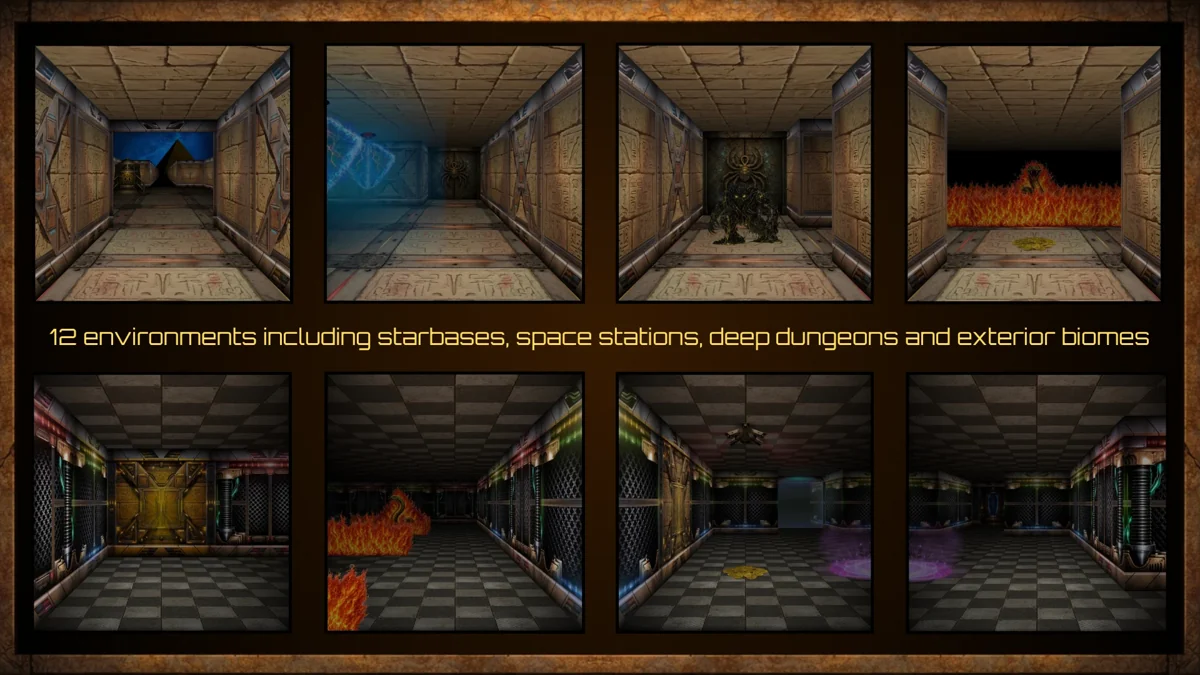 Eight Captive 3000 dungeon environments presented in a gameplay grid