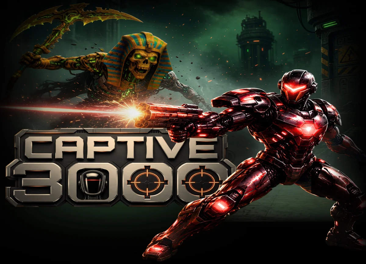 Captive 3000 key art featuring its droid hero and cybernetic pharaoh enemy