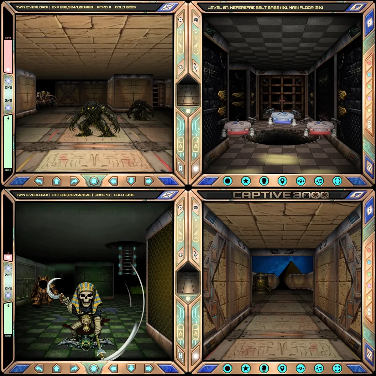 Four Captive 3000 gameplay views showing distinct dungeon environments and enemies