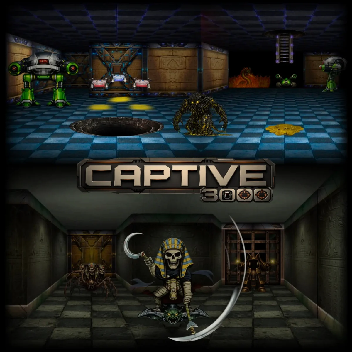 Dual panorama key art showing Captive 3000 droids, enemies, and environments